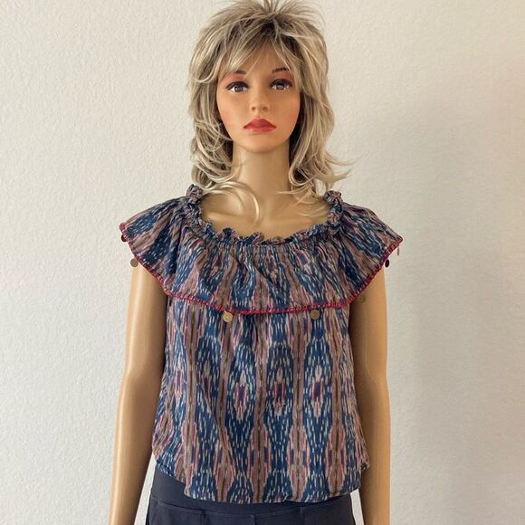 THML XS Ikat Off Shoulder Flutter Sleeve Coin Tassel Boho Cropped Top - Picture 4 of 12